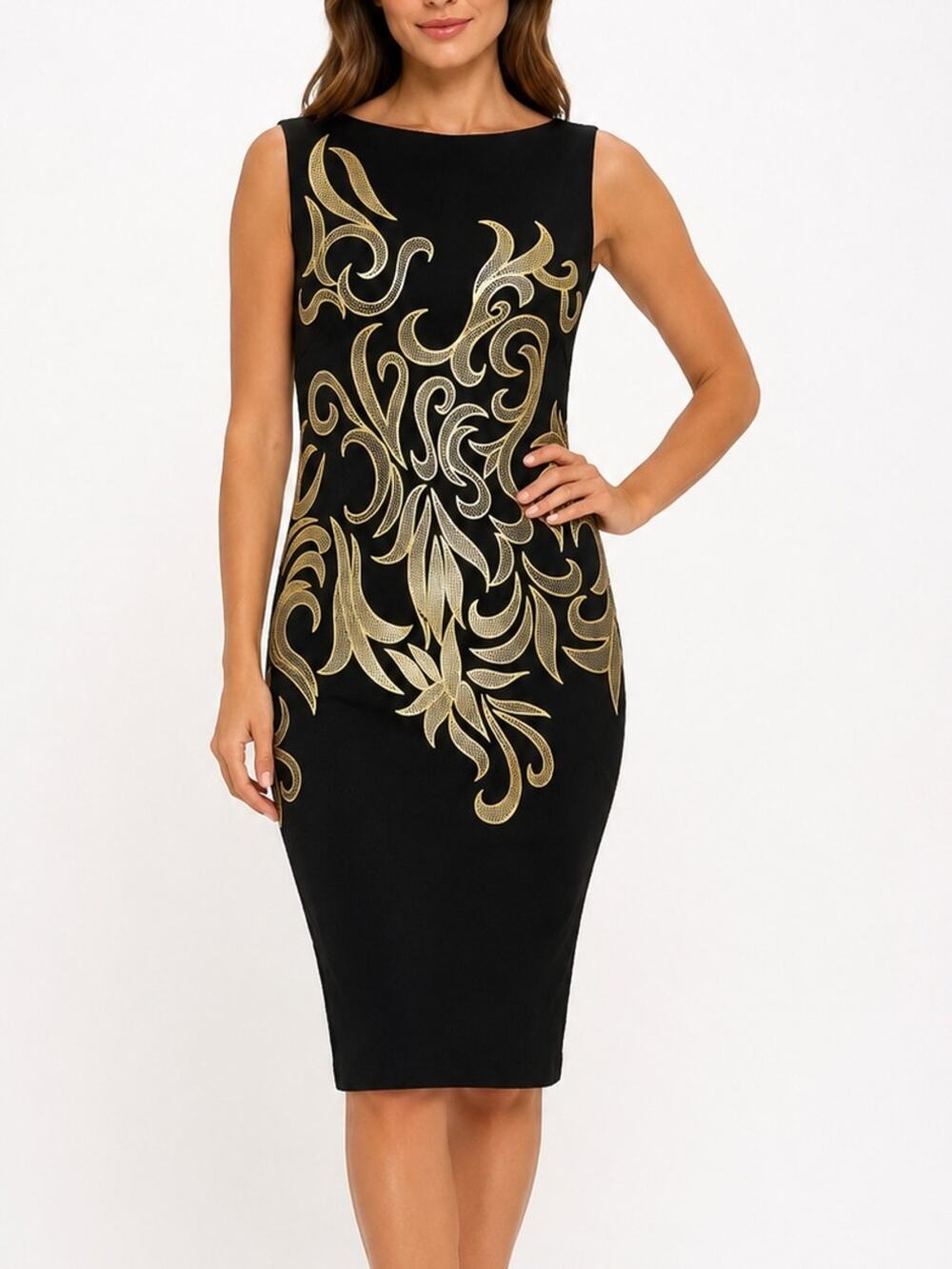 Cache Black Gold Scroll Print Sheath Dress Sleeveless Midi Bodycon Size 12